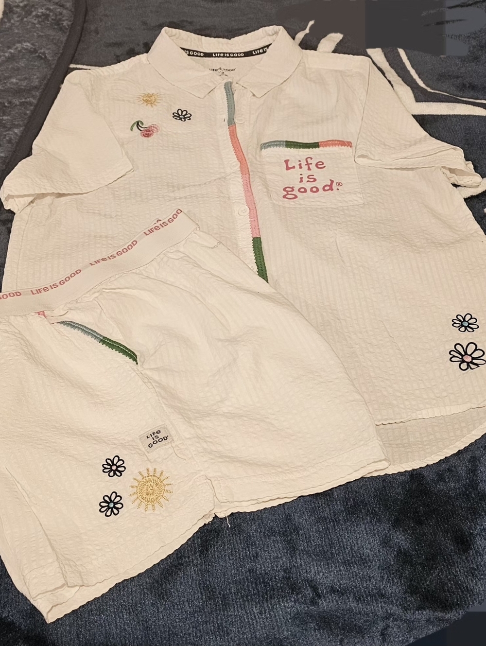 Life Is Good White Short Sleeve Pajama Set with Pastel Trim